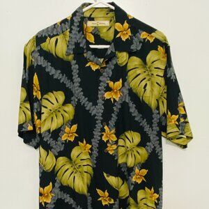 TOMMY BAHAMA Men's L Tropical Floral Silk Shirt SS Black/Blue/Green/Yellow EUC